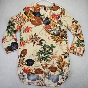 Emery Rose Tunic Blouse S V Neck Pullover Cotton Floral Cottage Wood Boho